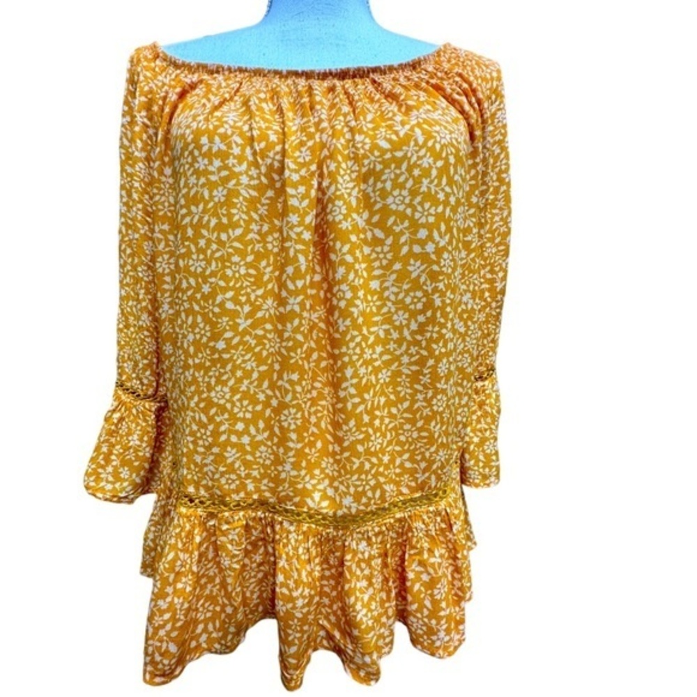Democracy Golden Floral‎ Bell Sleeve Peasant Boho Blouse Size S On Off Shoulder